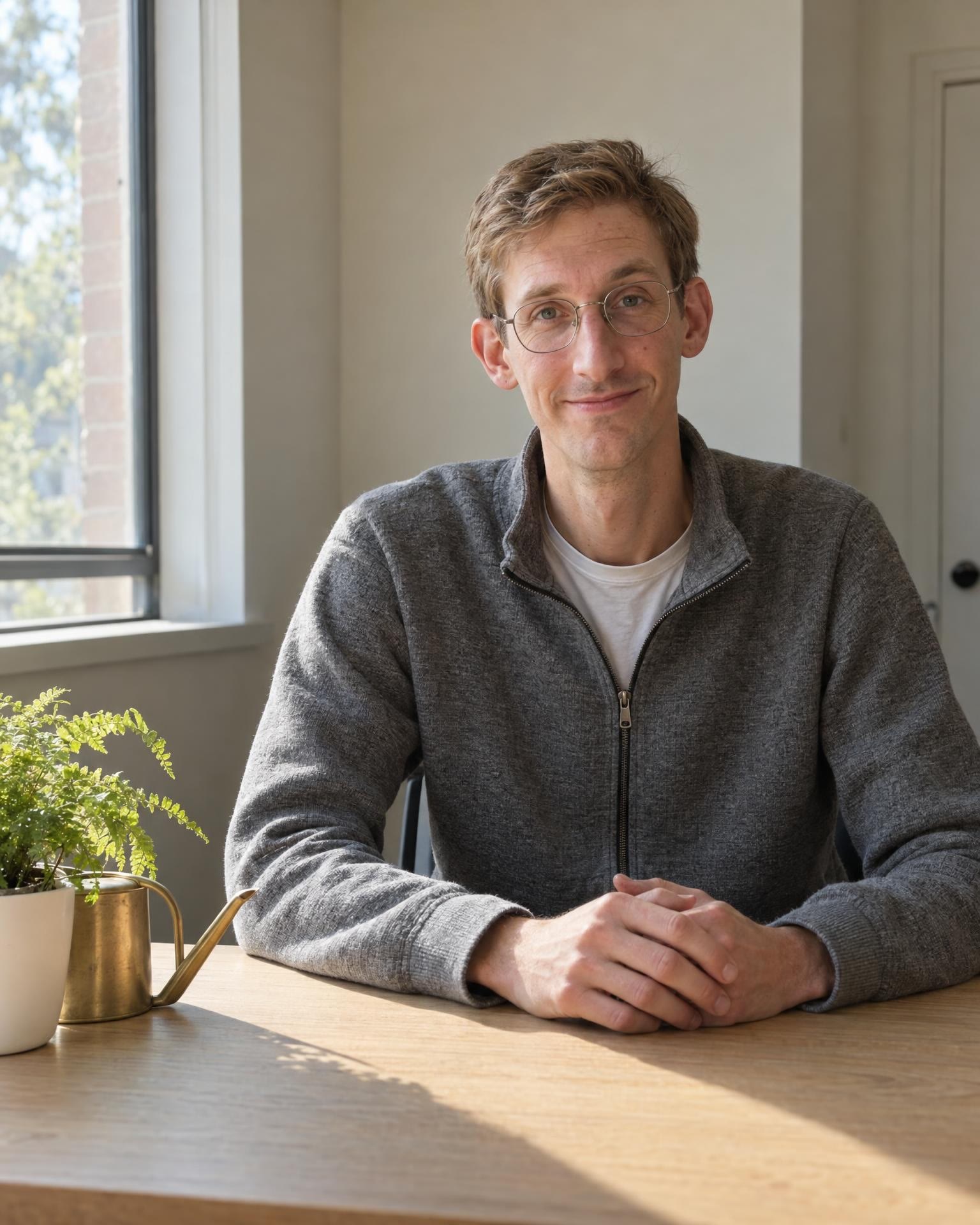 Gary at his desk by a sunny window, hands folded, smiling, beside a fern and a brass watering can.